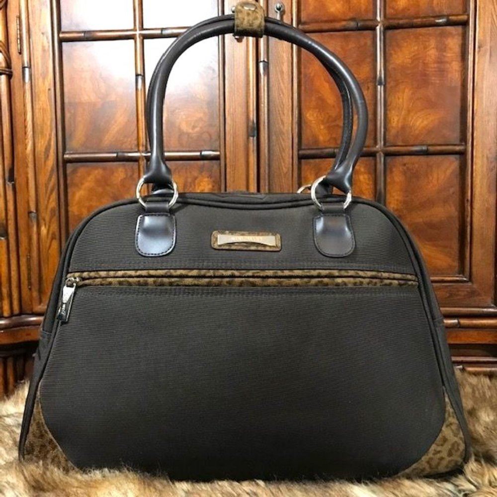 Nine West Mahogany Faux Suede Leopard Trim Structured Travel Tote